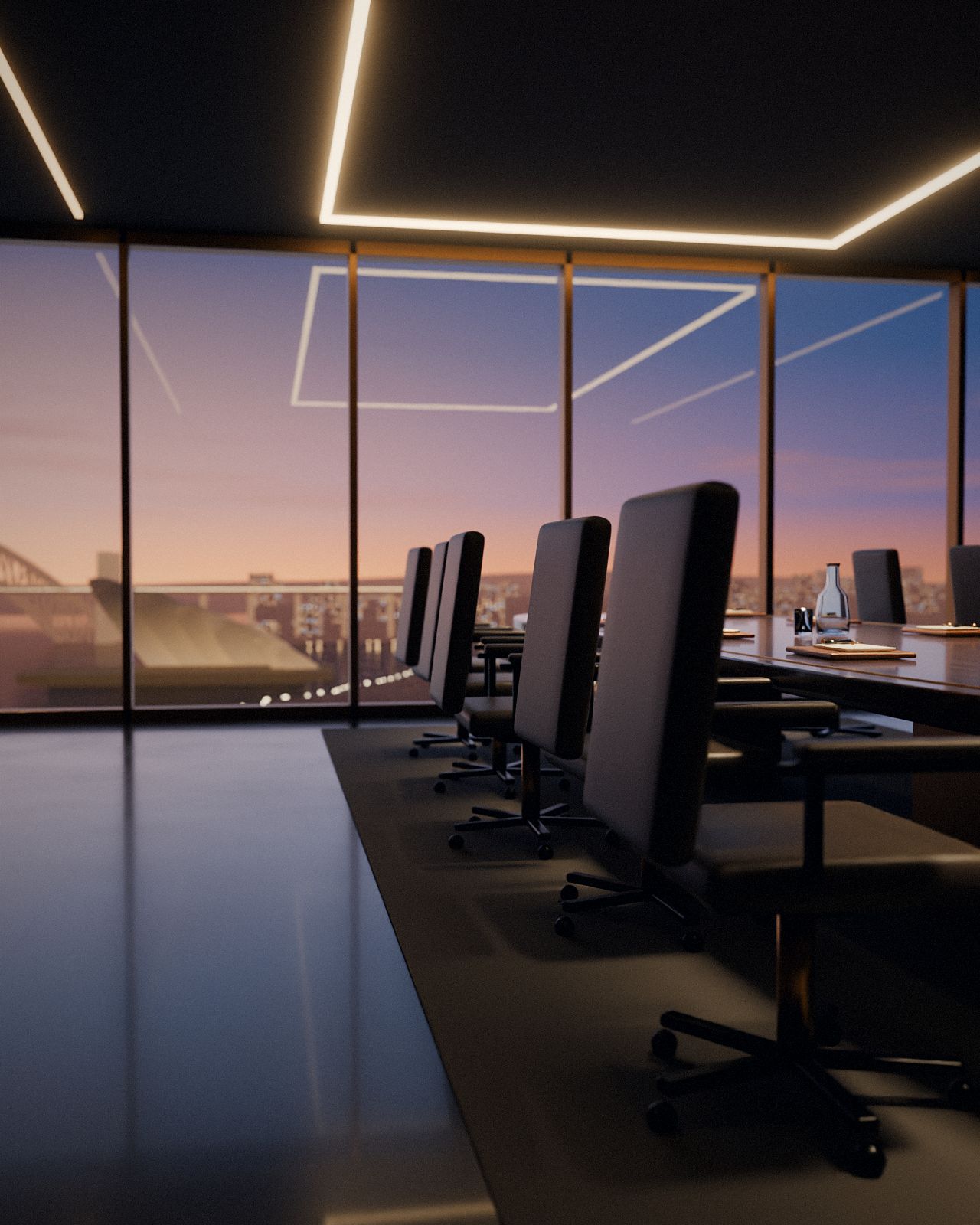 A row of leather boardroom chairs beside a long walnut table, with the Harbour Bridge and Sydney Harbour glowing through floor-to-ceiling glass at dusk.