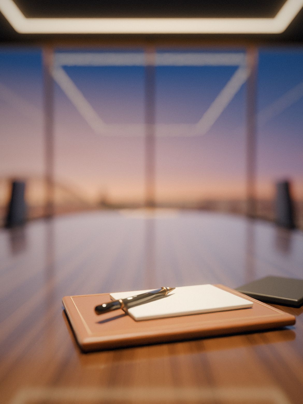 A leather folio and fountain pen on a polished walnut boardroom table, with Sydney Harbour glowing beyond the glass.